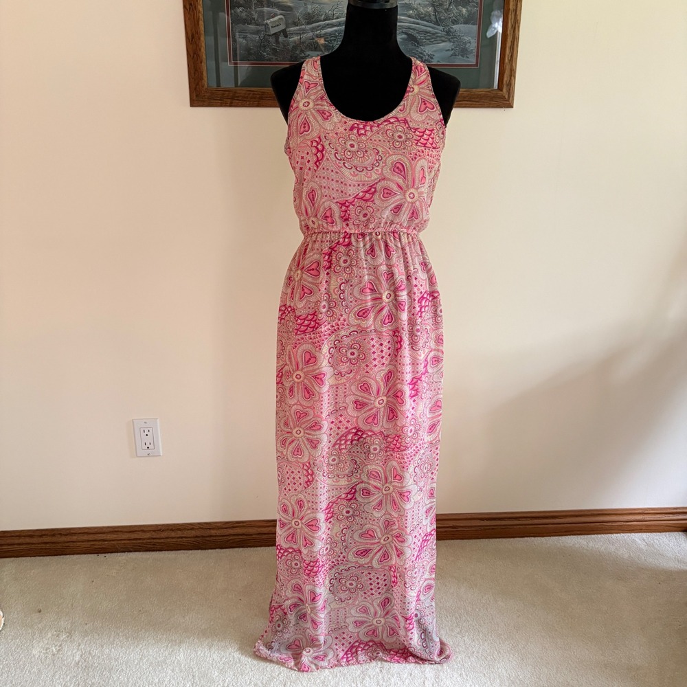 Blue Rain Maxi Dress Womens Small Pink Paisley Bohemian Racerback Long Summer